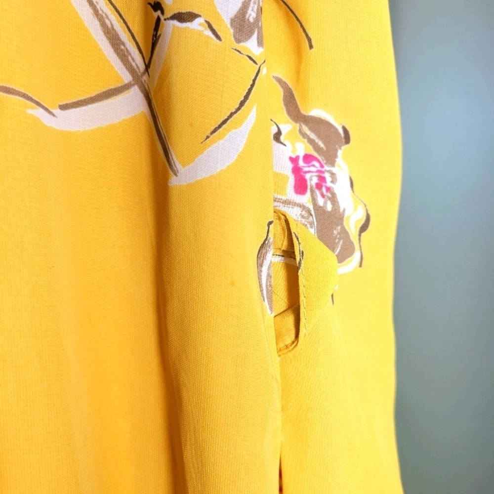 Vintage Mustard Yellow Floral Sheer Midi Dress Small Medium - Picture 7 of 12